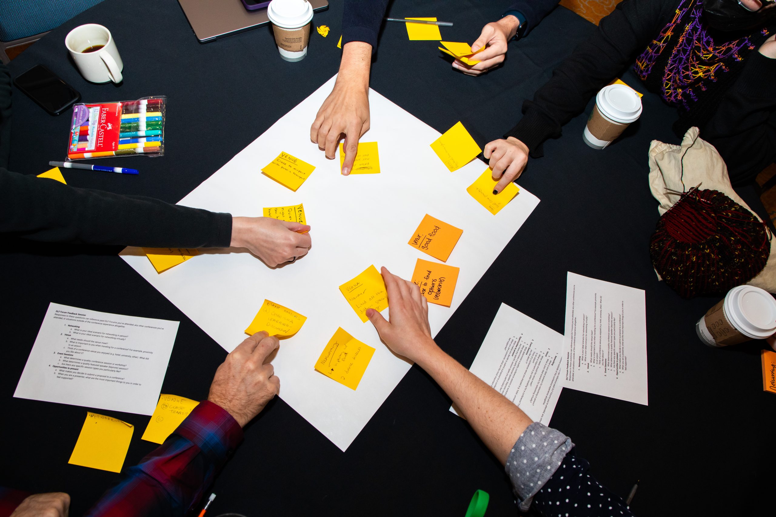 Birds eye view of a table with a large post-it note with smaller post-it notes on it; showing hands touching the large and small post-it notes